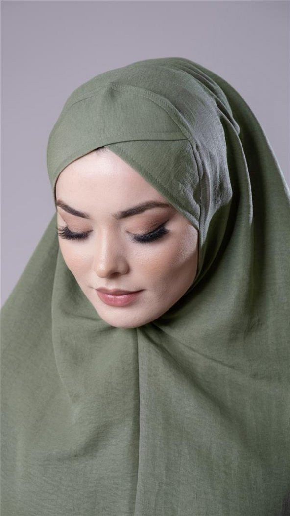 Fıstık Yeşili Pratik Hazır Geçmeli Tesettür Eşarp Pamuk Caz Kumaş Tek Katlı Çapraz Hijab 2305_36 - 3
