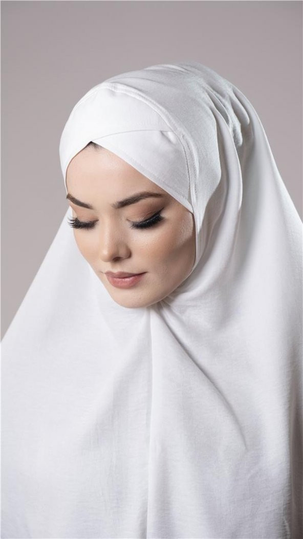Krem Pratik Hazır Geçmeli Tesettür Eşarp Pamuk Caz Kumaş Tek Katlı Çapraz Hijab 2305_40 - 3
