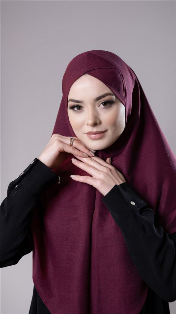 Bordo Pratik Hazır Geçmeli Tesettür Eşarp Pamuk Caz Kumaş Tek Katlı Çapraz Hijab 2305_16 - 2