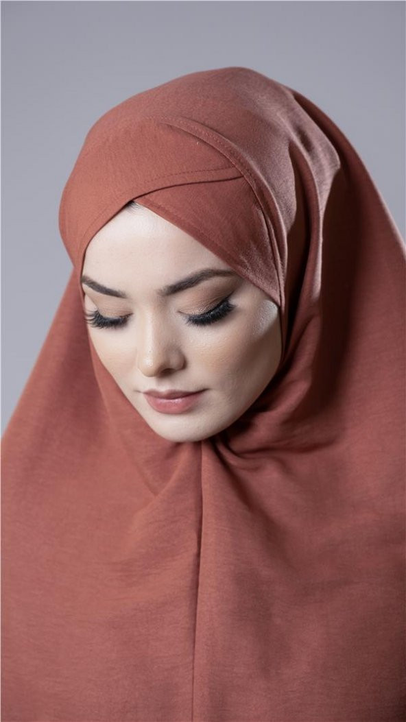 Kiremit Pratik Hazır Geçmeli Tesettür Eşarp Pamuk Caz Kumaş Tek Katlı Çapraz Hijab 2305_05 - 3