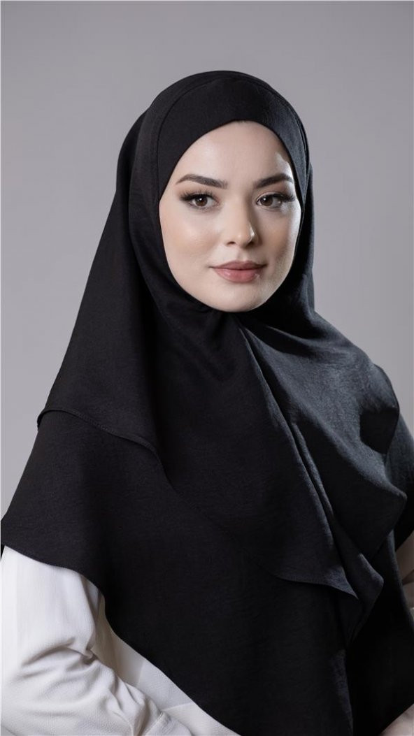 Siyah Pratik Hazır Geçmeli Tesettür Eşarp Pamuk Caz Kumaş Çift Katlı Düz Hijab 2303_01 - 3