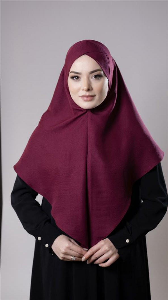 Bordo Pratik Hazır Geçmeli Tesettür Eşarp Pamuk Caz Kumaş Tek Katlı Çapraz Hijab 2305_16 - 1