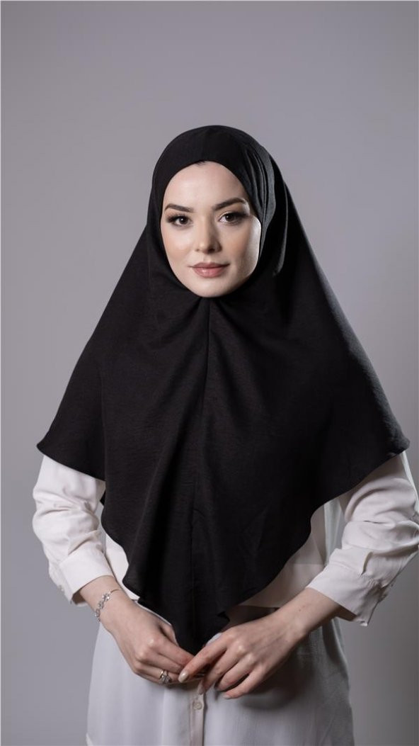 Siyah Pratik Hazır Geçmeli Tesettür Eşarp Pamuk Caz Kumaş Düz Hijab 2306_01