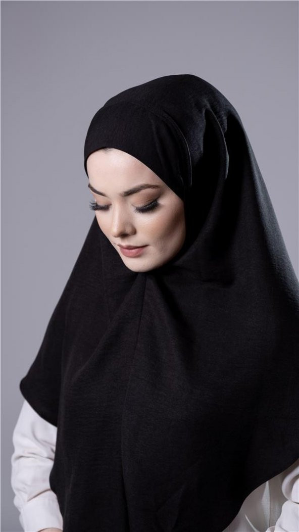 Siyah Pratik Hazır Geçmeli Tesettür Eşarp Pamuk Caz Kumaş Düz Hijab 2306_01 - 3