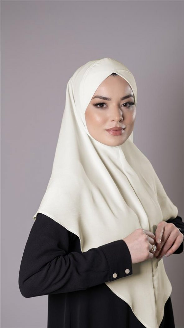 Ekru Pratik Hazır Geçmeli Tesettür Eşarp Aerobin Kumaş  Çapraz Hijab 2307_27 - 2