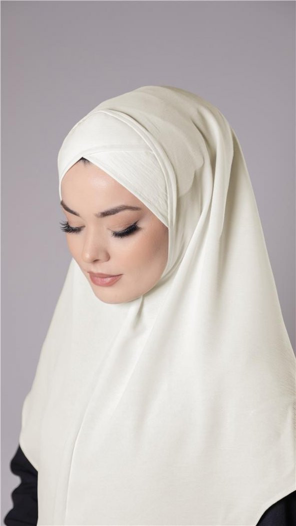 Ekru Pratik Hazır Geçmeli Tesettür Eşarp Aerobin Kumaş  Çapraz Hijab 2307_27 - 3