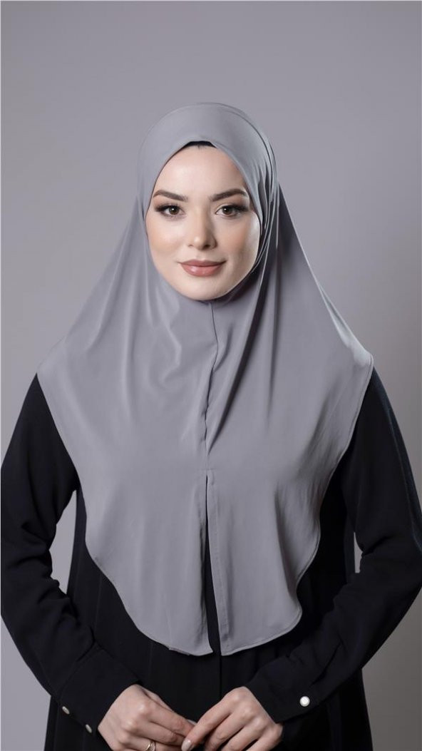 Gri Pratik Hazır Geçmeli Tesettür Eşarp Sandy Kumaş Yırtmaçlı Düz Hijab 2310_15 - 1