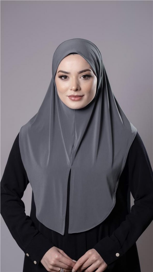 Antrasit Pratik Hazır Geçmeli Tesettür Eşarp Sandy Kumaş Yırtmaçlı Düz Hijab 2310_25 - 1