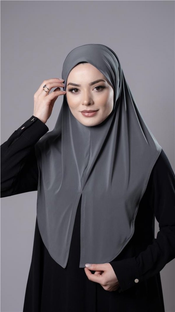 Antrasit Pratik Hazır Geçmeli Tesettür Eşarp Sandy Kumaş Yırtmaçlı Düz Hijab 2310_25 - 2