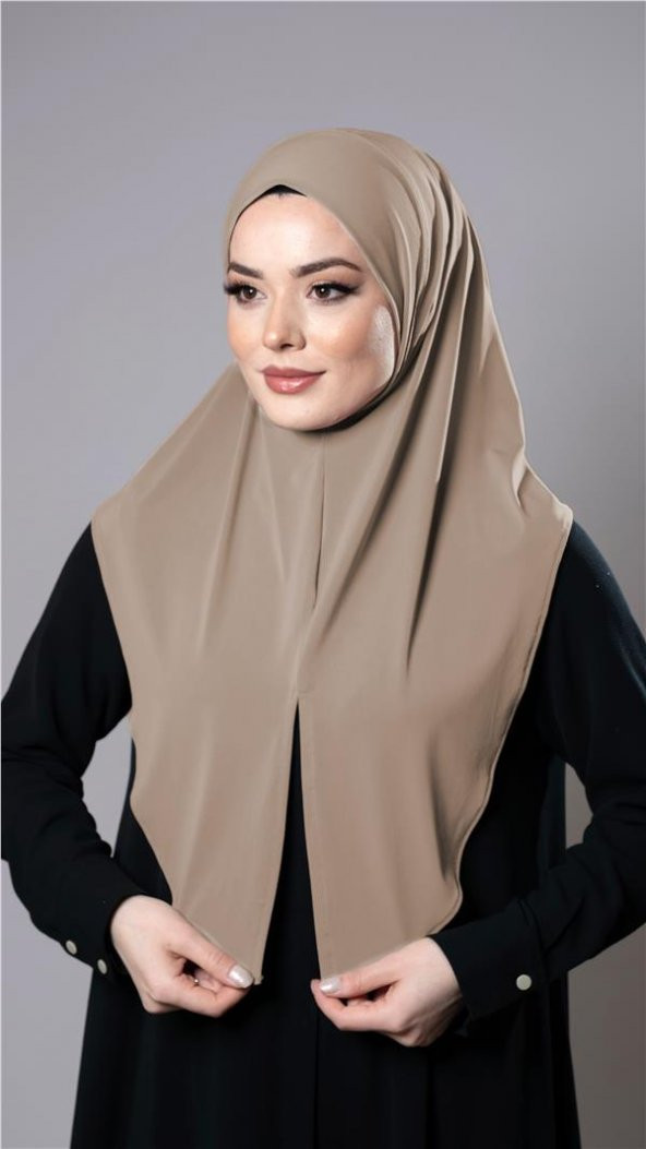 Sütlü Kahve Pratik Hazır Geçmeli Tesettür Eşarp Sandy Kumaş Yırtmaçlı Düz Hijab 2310_26 - 2
