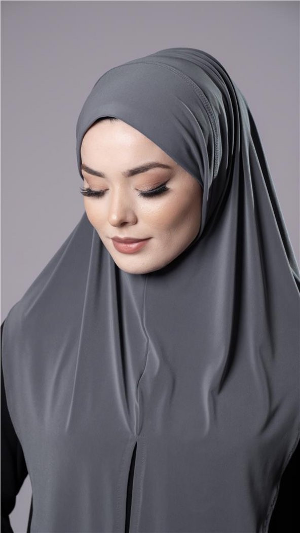 Antrasit Pratik Hazır Geçmeli Tesettür Eşarp Sandy Kumaş Yırtmaçlı Düz Hijab 2310_25 - 3