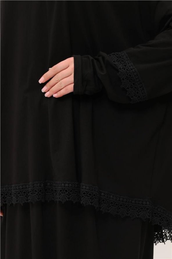 Siyah İki Parça Namaz Elbisesi Pamuk Kumaş Dantelli 2205_01 - 4