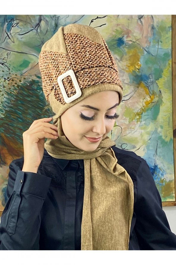 BUTİKAMBAR Çarkıfelek Sütlü Kahve Minik Ekose Desen Atkılı Bere - 3