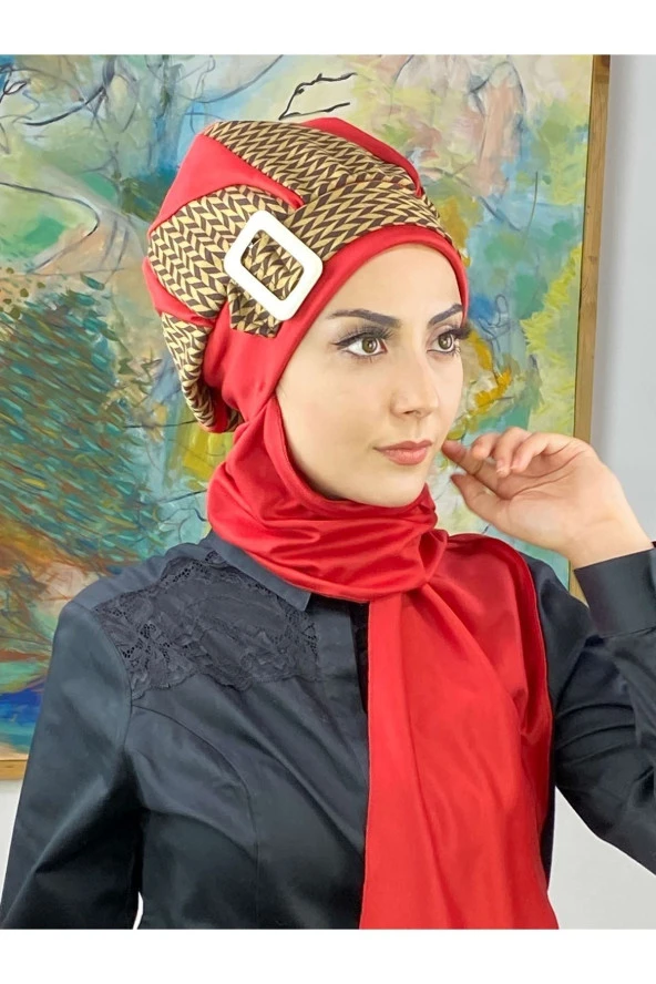 BUTİKAMBAR Damla Model Başak Desen Kırmızı Tesettür Bere