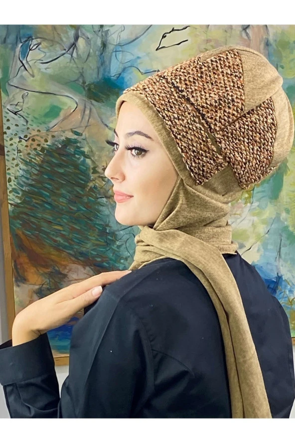 BUTİKAMBAR Çarkıfelek Sütlü Kahve Minik Ekose Desen Atkılı Bere - 5
