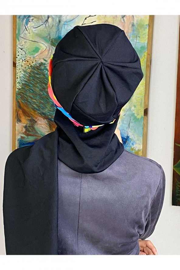 BUTİKAMBAR Çok Renkli Desenli Cırtcırtlı Fularlı Siyah Atkılı Tek Biritli Şapka Şal