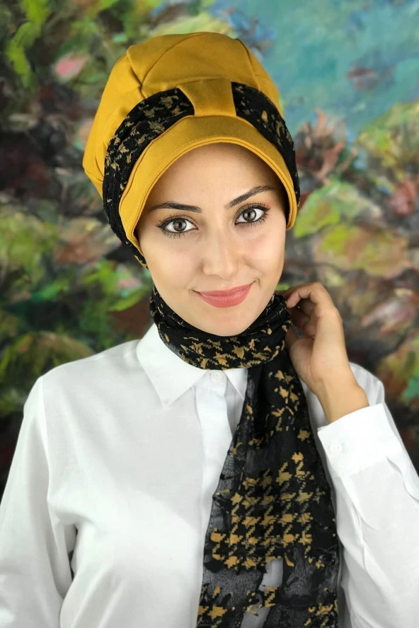 BUTİKAMBAR Bal Rengi Tesettür Kadın Şapka-şal