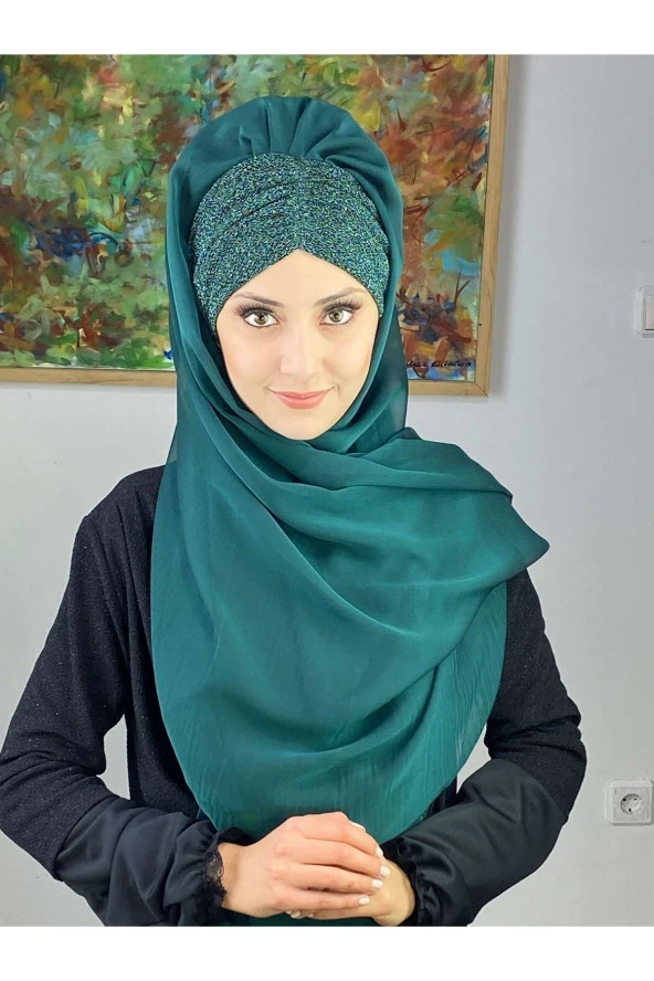 BUTİKAMBAR Sultan Model Yakut Yeşili Fransız Şifon Büzgülü Şal