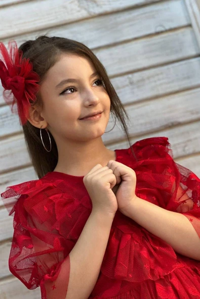 Kız Çocuk Kelebek Desenli Transparan Detaylı Kuyruklu Kırmızı Elbise - Resim 3