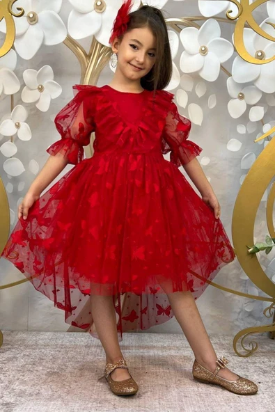 Kız Çocuk Kelebek Desenli Transparan Detaylı Kuyruklu Kırmızı Elbise - Resim 2