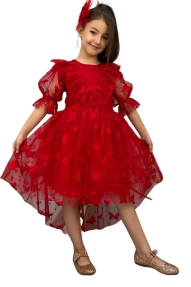 Kız Çocuk Kelebek Desenli Transparan Detaylı Kuyruklu Kırmızı Elbise ürün görseli