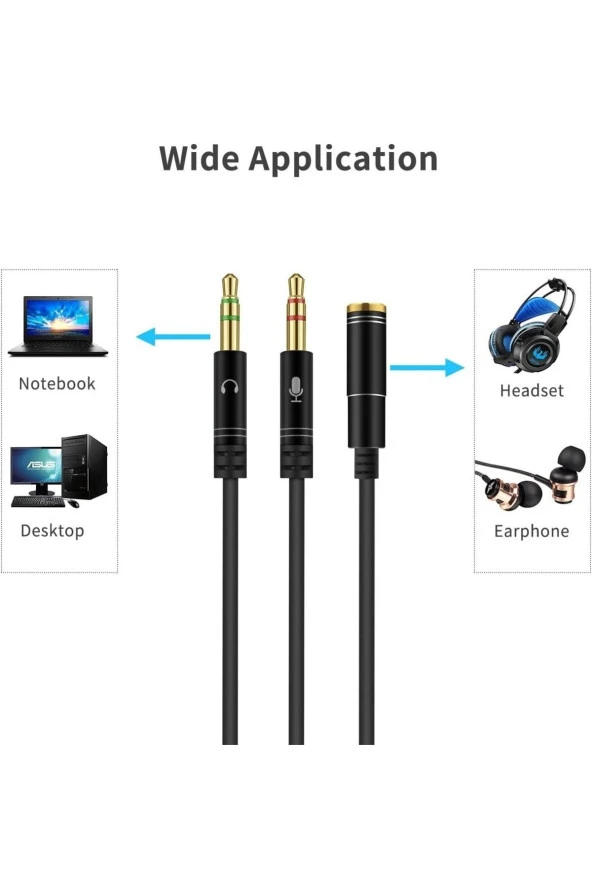 Kulaklık Mikrofon Ayırıcı Kablo Aparat 3.5mm Dişi 2x3.5mm Erkek Kulaklık Mic Audio Y Splitter Headph - Resim 3