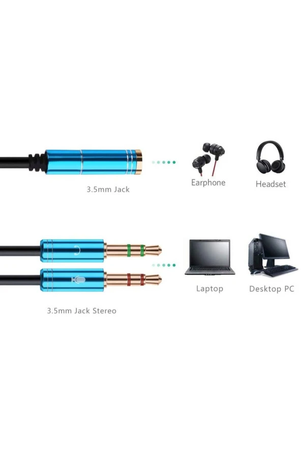 Kulaklık Mikrofon Ayırıcı Kablo Aparat 3.5mm Dişi 2x 3.5mm Erkek Kulaklık Mic Audio Y Splitter - Resim 3