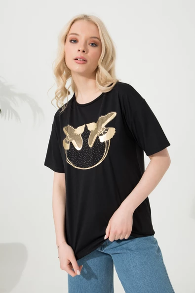 Baskılı Basic Bisiklet Yaka Örme T-Shirt - 5
