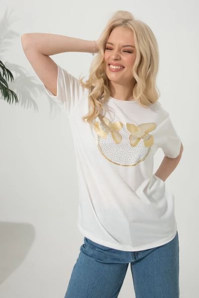 Baskılı Basic Bisiklet Yaka Örme T-Shirt - 8