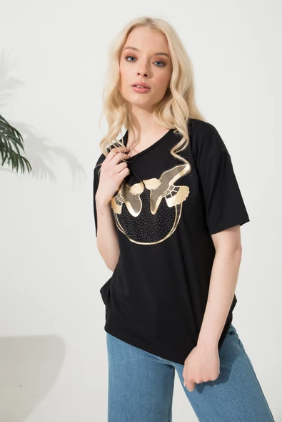 Baskılı Basic Bisiklet Yaka Örme T-Shirt - 2