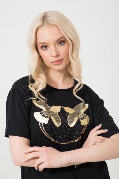 Baskılı Basic Bisiklet Yaka Örme T-Shirt