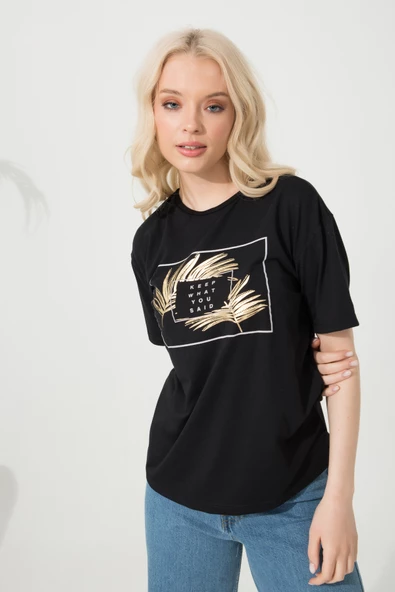 Baskılı Basic Bisiklet Yaka Örme T-Shirt - 12