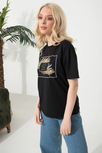 Baskılı Basic Bisiklet Yaka Örme T-Shirt - 10
