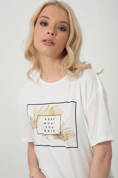 Baskılı Basic Bisiklet Yaka Örme T-Shirt - 4
