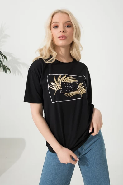 Baskılı Basic Bisiklet Yaka Örme T-Shirt - 11