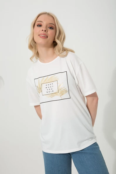 Baskılı Basic Bisiklet Yaka Örme T-Shirt - 6