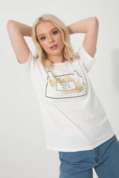 Baskılı Basic Bisiklet Yaka Örme T-Shirt - 3