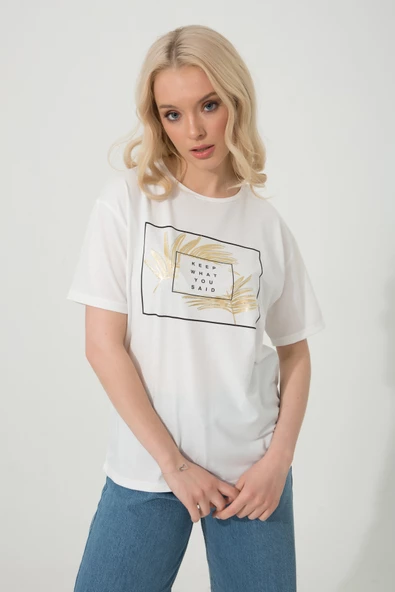 Baskılı Basic Bisiklet Yaka Örme T-Shirt - 5