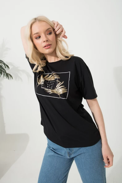 Baskılı Basic Bisiklet Yaka Örme T-Shirt - 9