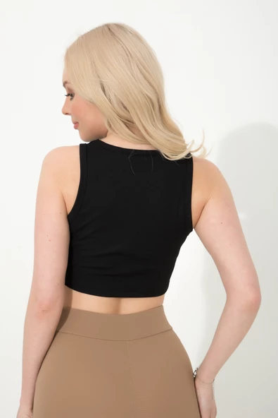 Kadın Bisiklet Yaka Önü Zincirli Crop Bluz - 9