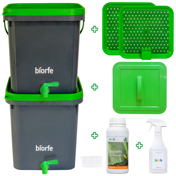 Biorfe 500 ml Bokashi Konsantre pH Düzenleyici Sıvılı 18 L Kompost Kovası İkili Set - Yeşil