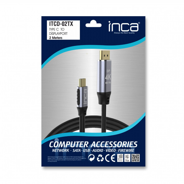 Inca ITCD-02TX Type-C to Displayport 4K Altın Uçlu 2 metre Kablo