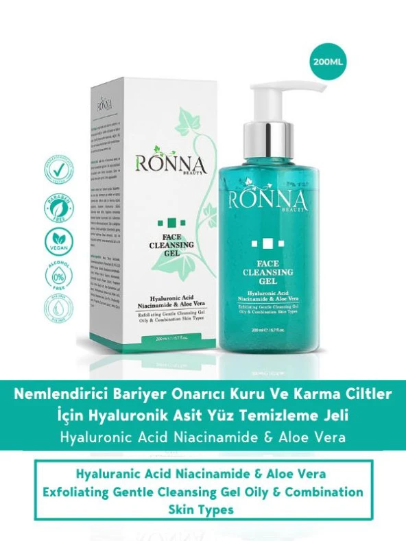 Ronna Beauty Besleyici Ve Onarıcı Temizleme Jeli Face Cleasing Gel 200 ml Hyaluronic Acid Niacinamide