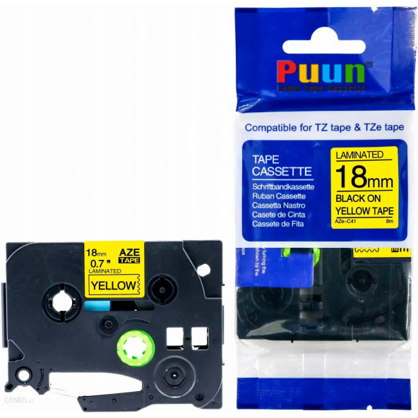 Puun Brother P-Touch TZE-C41 18MM x 8m Fosforlu Sarı Yellow Üzerine Siyah Muadil Laminasyon Etiket Şeridi ürün görseli 1