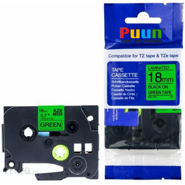 Puun Brother P-Touch TZE-D41 18MM x 8m Fosforlu Yeşil Green Üzerine Siyah Muadil Laminasyon Etiket Şeridi