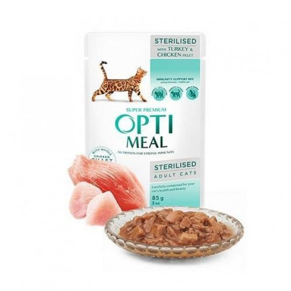 Optimeal Süper Premium Tavuk-Hindi Filetolu Sos İçerisinde Tahılsız Pouch Kısır Kedi Maması 85 Gr - 2