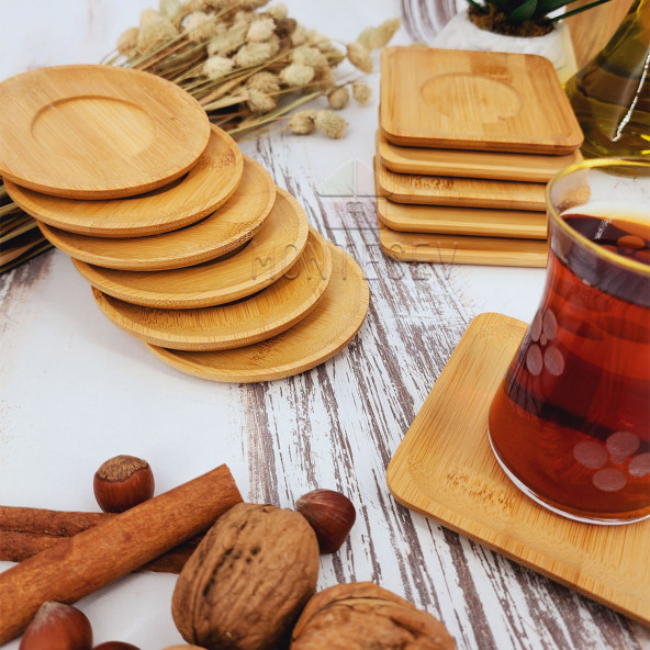 Ahşap Çay Tabağı 12 li Set Bardak Fincan Kupa Altlığı ( YUVARLAK - KARE ) - 2