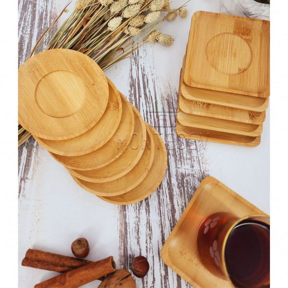 Ahşap Çay Tabağı 12 li Set Bardak Fincan Kupa Altlığı ( YUVARLAK - KARE ) - 3