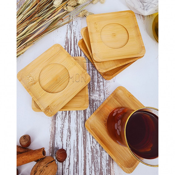 Ahşap Çay Tabağı 6 lı Set Bardak Fincan Kupa Altlığı ( KARE ) - 3