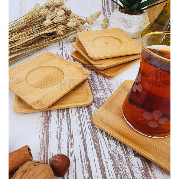 Ahşap Çay Tabağı 6 lı Set Bardak Fincan Kupa Altlığı ( KARE ) - 4